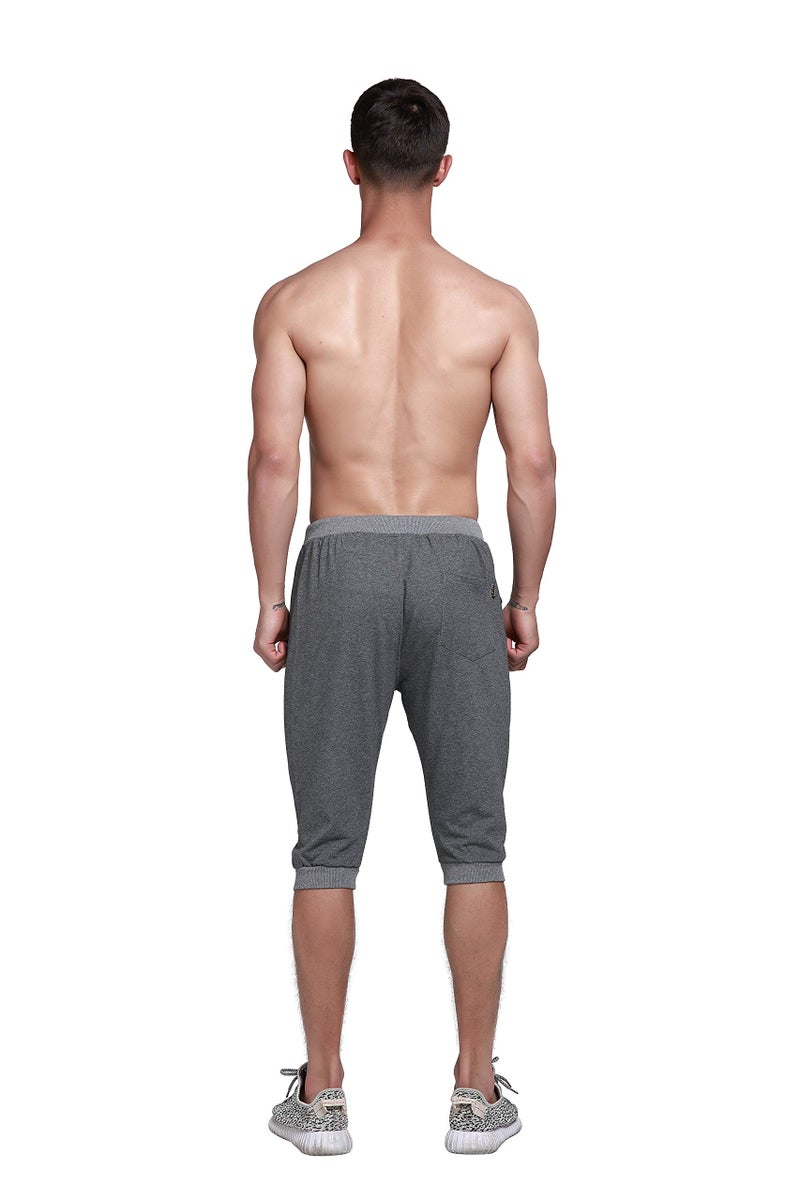 YSENTO Men's Cotton Casual 3/4 Jogger Running Capri Pants Below Knee Gym Workout Shorts Zipper Pockets Dark Grey 34 - Image 2